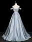 Elegant Sky Blue Lace Flower Prom Dresses 2026 Ball Gown Off-The-Shoulder Short Sleeve Backless Floor-Length / Long Formal Dresses