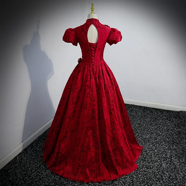 Elegant Burgundy Prom Dresses 2022 Ball Gown High Neck Pearl Lace Flower Short Sleeve Backless Floor-Length / Long Formal Dresses
