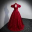 Elegant Burgundy Prom Dresses 2022 Ball Gown High Neck Pearl Lace Flower Short Sleeve Backless Floor-Length / Long Formal Dresses
