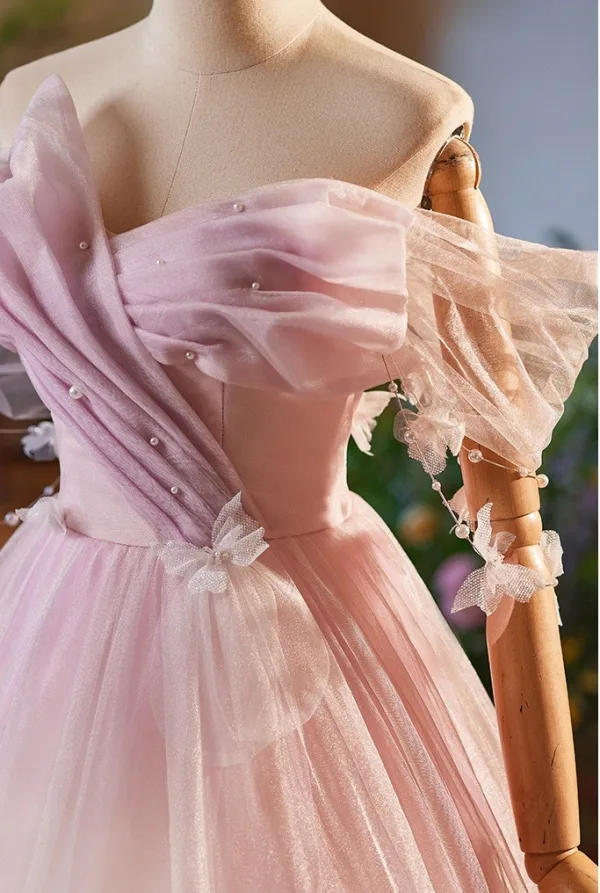 Chic / Beautiful Blushing Pink Bow Prom Dresses 2025 Ball Gown Off-The-Shoulder Short Sleeve Backless Floor-Length / Long Formal Dresses