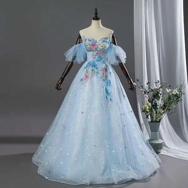 Schillernd Himmelblau Spitze Blumen Applikationen Pailletten Ballkleider 2026 Ballkleid Bandeau Ärmellos Rückenfreies