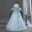 Schillernd Himmelblau Spitze Blumen Applikationen Pailletten Ballkleider 2026 Ballkleid Bandeau Ärmellos Rückenfreies