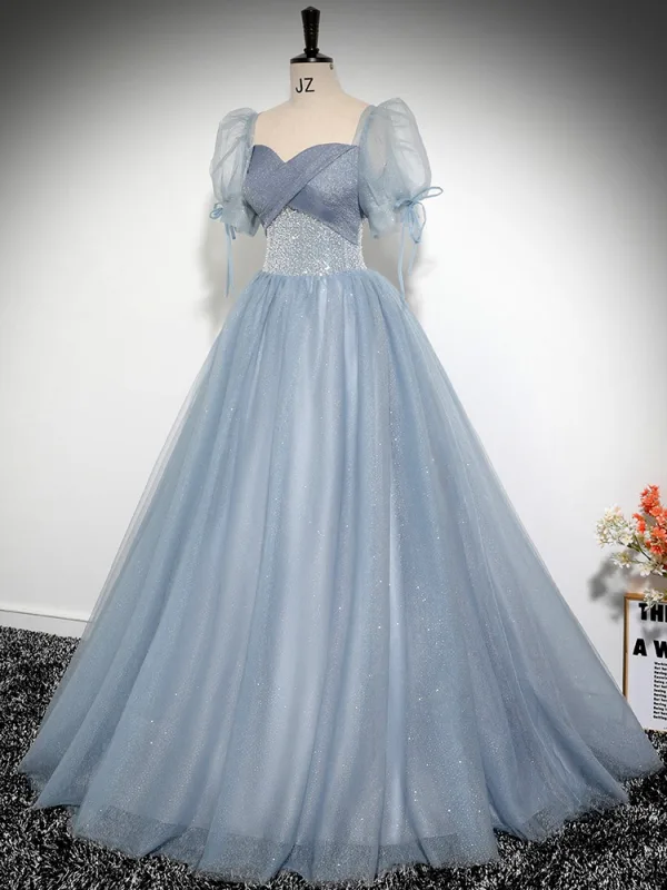 Elegante Himmelblau Pailletten Ballkleider 2024 Ballkleid Eckiger Ausschnitt Geschwollenes Kurze Ärmel Rückenfreies Lange Ball Festliche Kleider