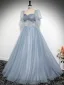 Elegante Himmelblau Pailletten Ballkleider 2024 Ballkleid Eckiger Ausschnitt Geschwollenes Kurze Ärmel Rückenfreies Lange Ball Festliche Kleider