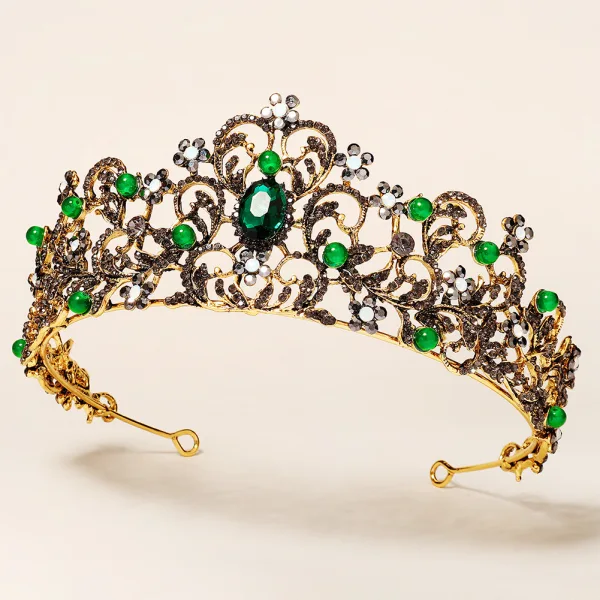 Baroque Vintage / Retro Green Rhinestone Wedding Bridal Hair Accessories Tiara 2022 Alloy