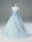 High-end Sky Blue Beading Sequins Appliques Prom Dresses 2025 Ball Gown Off-The-Shoulder Short Sleeve Backless Floor-Length / Long Formal Dresses
