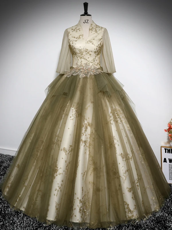 Elegant Khaki Beading Sequins Embroidered Prom Dresses 2024 Ball Gown High Neck 1/2 Sleeves Floor-Length / Long Prom Formal Dresses