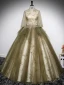 Elegant Khaki Beading Sequins Embroidered Prom Dresses 2024 Ball Gown High Neck 1/2 Sleeves Floor-Length / Long Prom Formal Dresses