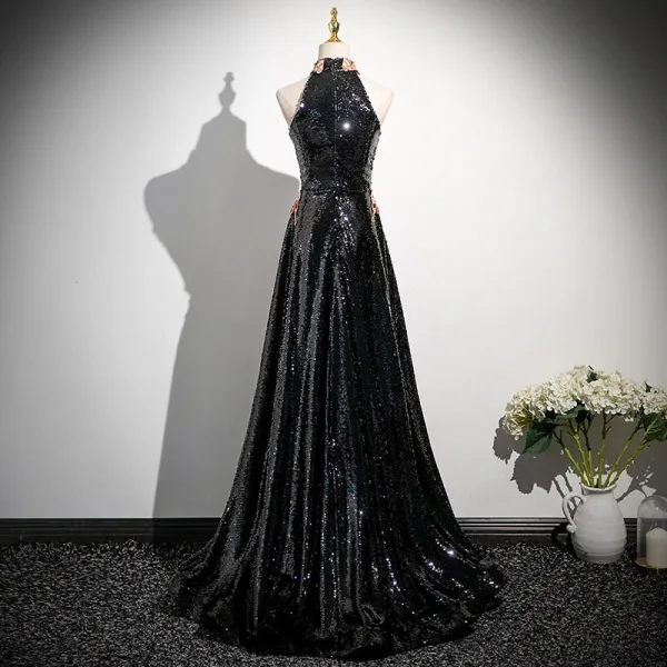 Sparkly Black Beading Sequins Prom Dresses 2025 A-Line / Princess High Neck Sleeveless Floor-Length / Long Prom Formal Dresses