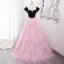 Chic / Beautiful Candy Pink Tassel Prom Dresses 2024 Ball Gown Square Neckline Short Sleeve Backless Floor-Length / Long Prom Formal Dresses