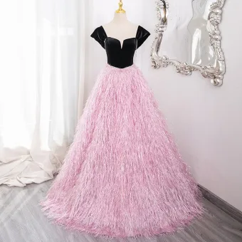 Hermoso Rosa Tassel Vestidos De Gala 2024 Ball Gown Escote Cuadrado Manga Corta Sin Espalda Largos Gala Vestidos Formales
