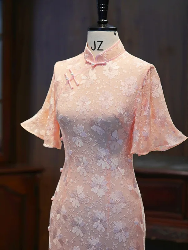 Chiński Styl Rumieniąc Różowy Druk Podział Przodu Długość Herbaty Jedwab Cheongsam 2026 Syrena / Rozkloszowane Wysokiej Szyi Rękawy z dzwoneczkami