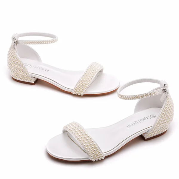 Modest / Simple White Satin Pearl Ankle Strap Flat Wedding Shoes 2024 Pointed Toe Wedding Sandals