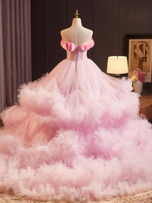 Fashion Candy Pink Cascading Ruffles Appliques Prom Dresses 2024 Ball Gown Strapless Sleeveless Backless Court Train Prom Formal Dresses