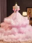 Fashion Candy Pink Cascading Ruffles Appliques Prom Dresses 2024 Ball Gown Strapless Sleeveless Backless Court Train Prom Formal Dresses