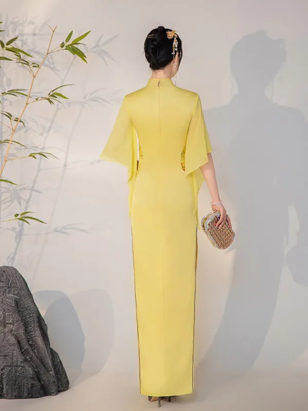 Chinese style Yellow Lace Flower Split Front Cheongsam 2025 Trumpet / Mermaid High Neck Short Sleeve Floor-Length / Long Evening Party Cheongsam / Qipao