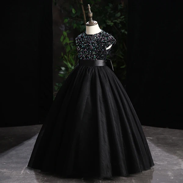 Chic / Beautiful Grey Sequins Prom Flower Girl Dresses 2022 Ball Gown Scoop Neck Sleeveless Sash Bow Floor-Length / Long Flower Girl Dresses