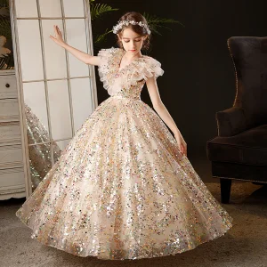 Bling Bling Multi Couleurs Paillettes Champagne Anniversaire Robe Ceremonie Fille 2024 Robe Boule V Cou Sans Manches Longue