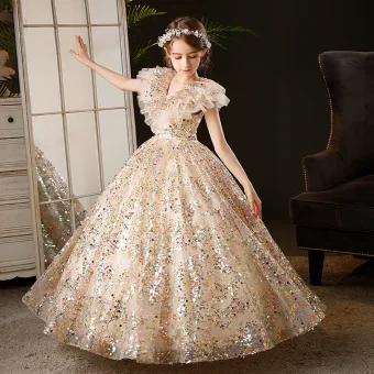 Bling Bling Multi Farger Paljetter Champagne Bursdag Blomsterpikekjoler 2024 Ballkjole V Hals Uten Ermer Lange