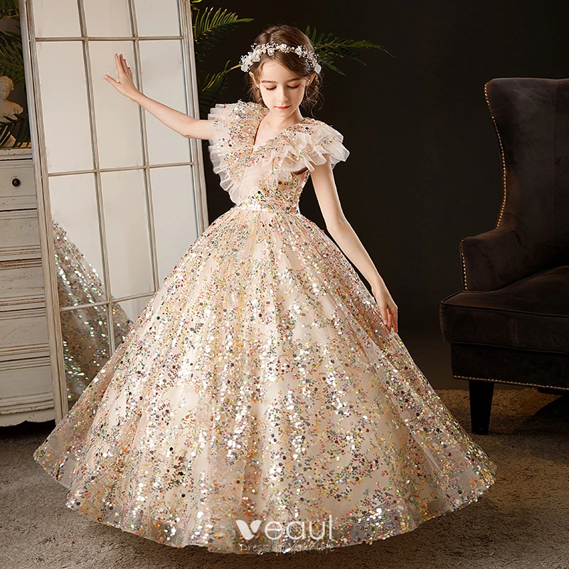 Bling Bling Multi Colors Sequins Champagne Birthday Flower Girl Dresses 2024 Ball Gown V Neck Sleeveless Floor Length Long