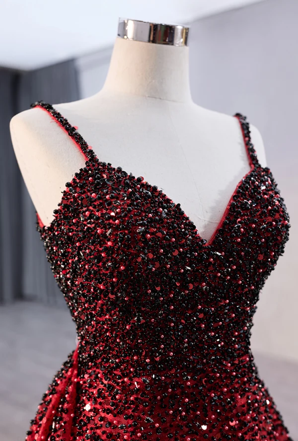 High-end Burgundy Gradient-Color Handmade  Beading Pearl Sequins Prom Dresses 2024 Trumpet / Mermaid Spaghetti Straps Sleeveless Backless Sweep Train Prom Formal Dresses