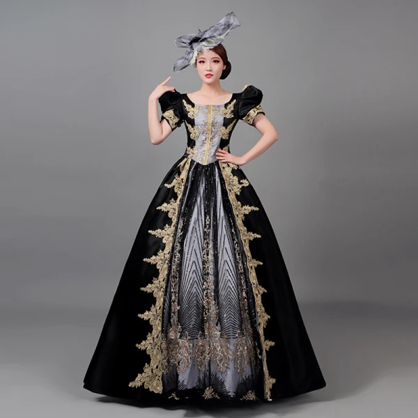 Vintage / Retro Medieval Black Beading Sequins Lace Flower Prom Dresses 2022 Ball Gown U-Neck Puffy Short Sleeve Floor-Length / Long Formal Dresses