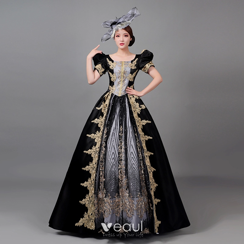 Vintage Retro Medieval Black Beading Sequins Lace Flower Prom Dresses 2022 Ball Gown