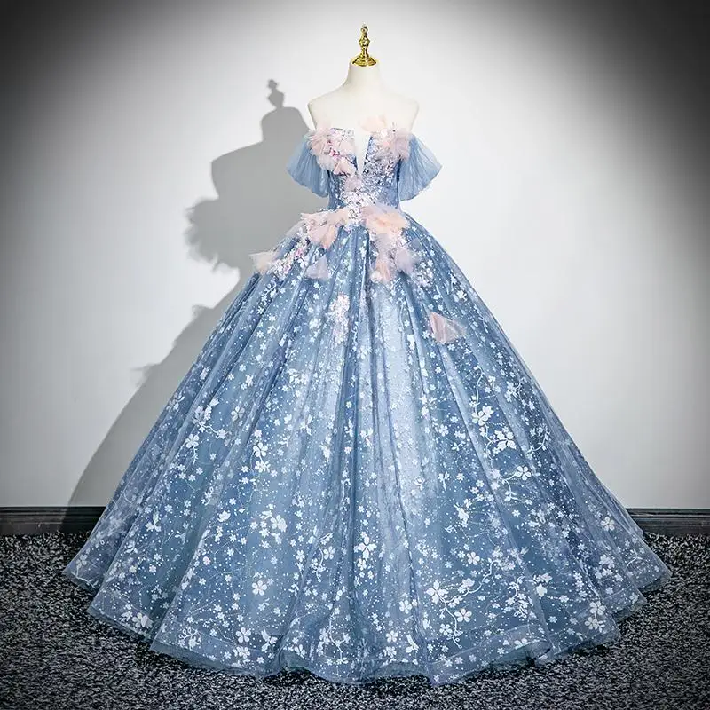 Flower Fairy Sky Blue Appliques Sequins Prom Dresses 2024 Ball Gown Off-The-Shoulder