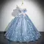 Flower Fairy Sky Blue Appliques Sequins Prom Dresses 2024 Ball Gown Off-The-Shoulder Short Sleeve Backless Floor-Length / Long Prom Formal Dresses