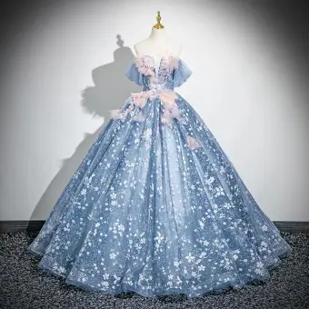 Fée Des Fleurs Bleu Ciel Appliques Paillettes Robe De Bal 2024 Robe Boule De L Épaule Manches Courtes Dos Nu Longue Promo Robe De Ceremonie