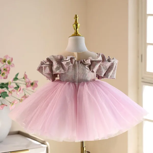 Schöne Rosa Rüschen Kurze Geburtstag Blumenmädchenkleider 2025 Ballkleid Rundhalsausschnitt Kurze Ärmel Tülle