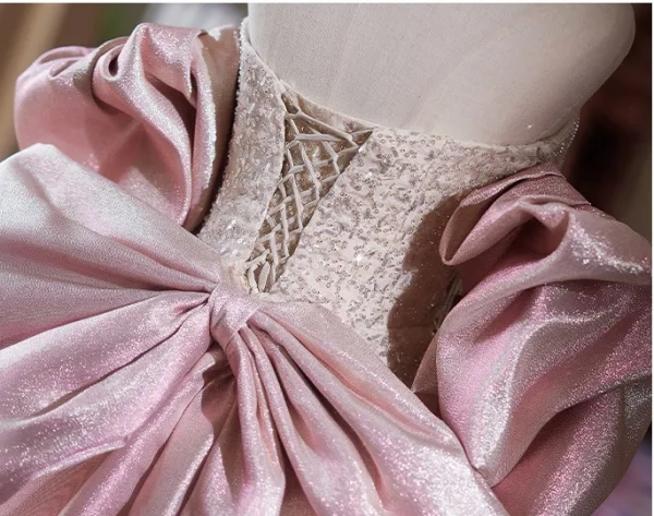 Charmant Rougissant Rose Perlage Faux Diamant Robe De Bal 2024 Trompette / Sirène Encolure Dégagée Manches Courtes Dos Nu Noeud Longue Promo Robe De Ceremonie