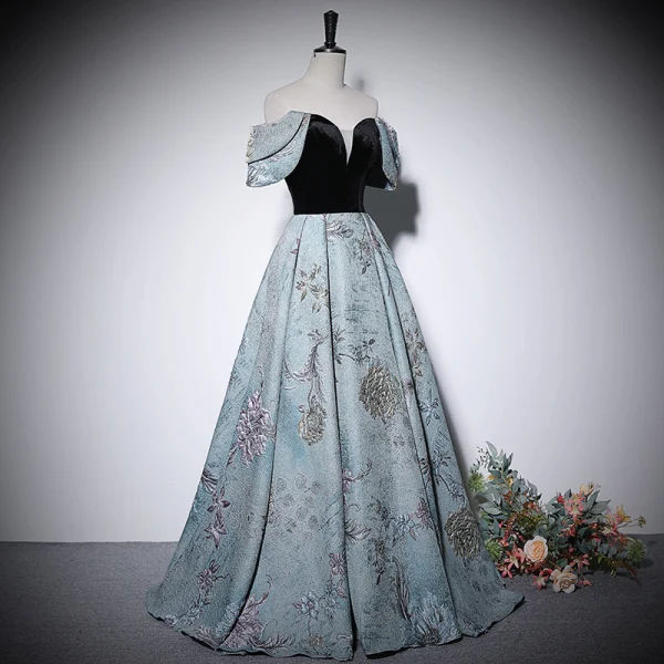 Elegant Sky Blue Printing Prom Dresses 2022 A-Line / Princess Off-The-Shoulder Short Sleeve Backless Floor-Length / Long Prom Formal Dresses