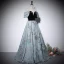 Elegant Sky Blue Printing Prom Dresses 2022 A-Line / Princess Off-The-Shoulder Short Sleeve Backless Floor-Length / Long Prom Formal Dresses