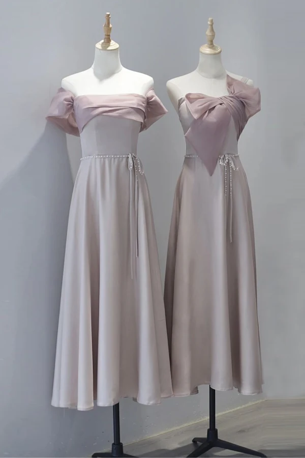 Modest / Simple Blushing Pink Satin Bridesmaid Dresses 2023 A-Line / Princess Off-The-Shoulder Sleeveless Backless Pearl Bow Sash Tea-length Bridesmaid Dresses