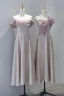 Modest / Simple Blushing Pink Satin Bridesmaid Dresses 2023 A-Line / Princess Off-The-Shoulder Sleeveless Backless Pearl Bow Sash Tea-length Bridesmaid Dresses