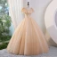 Elegant Champagne Beading Sequins Prom Dresses 2023 Ball Gown V-Neck Short Sleeve Backless Floor-Length / Long Prom Formal Dresses