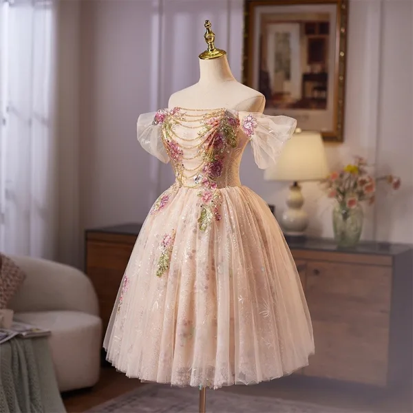 Flower Fairy Champagne Beading Sequins Pearl Lace Flower Homecoming Graduation Dresses 2025 Ball Gown Off-The-Shoulder Short Sleeve Backless Knee-Length Formal Dresses