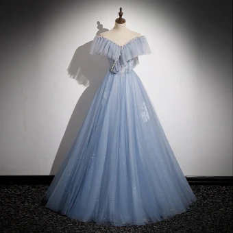 Charmant Bleu Ciel Paillettes Robe De Bal 2023 Princesse Perle Faux Diamant De L Épaule Sans Manches Dos Nu Longue Promo Robe De Ceremonie