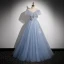 Charming Sky Blue Sequins Prom Dresses 2023 A-Line / Princess Pearl Rhinestone Off-The-Shoulder Sleeveless Backless Floor-Length / Long Prom Formal Dresses