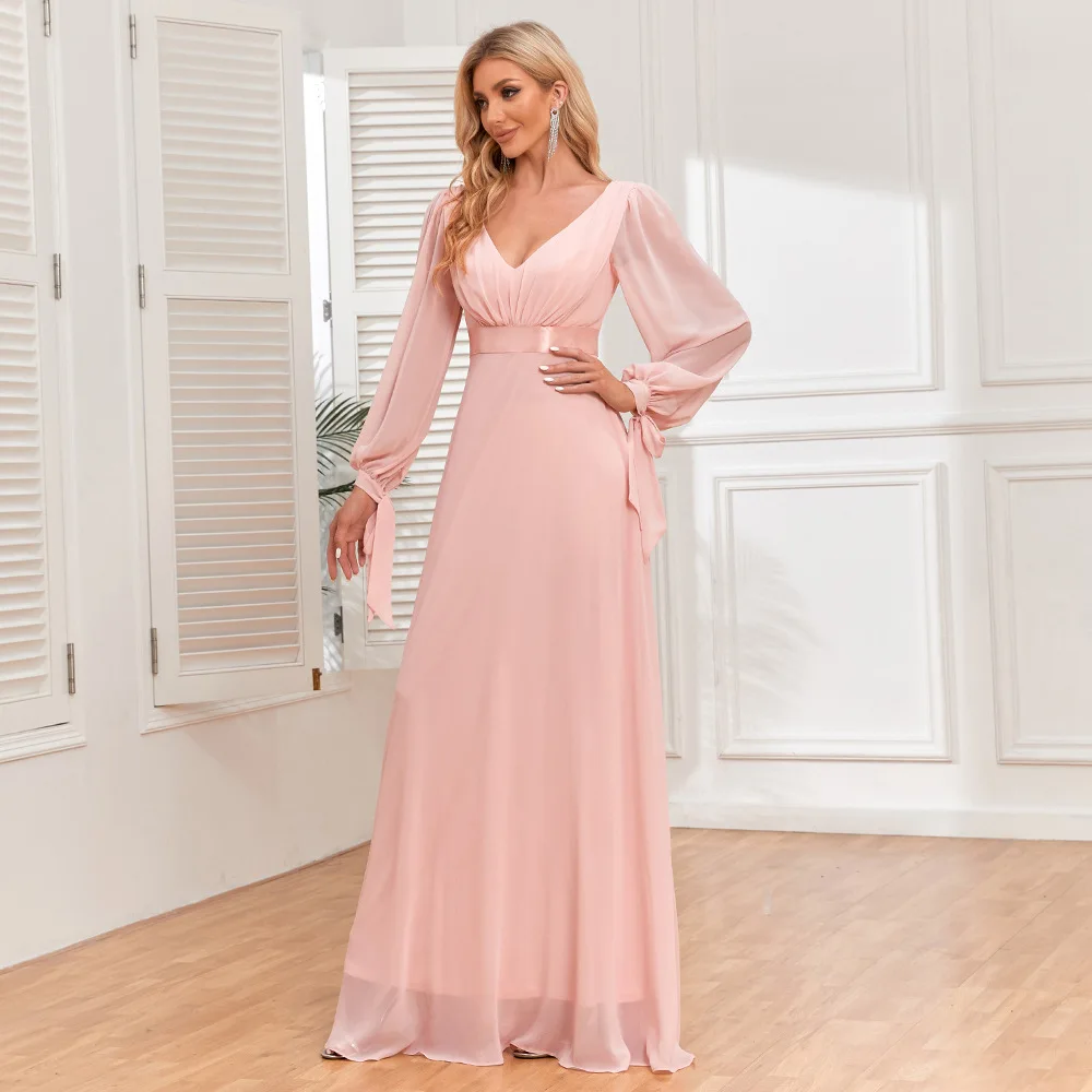 green emerald velvet dress Pink Sweetheart Chiffon A Line Floral Tiered Prom Dress With Bow main image 1