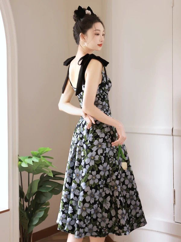 Chic / Beautiful Black Printing Homecoming Graduation Dresses 2023 A-Line / Princess Spaghetti Straps Bow Sleeveless Backless Floor-Length / Long Formal Dresses
