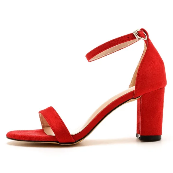 Sexy Rot Abend Sandalen Damen 2025 Knöchelriemen 7 cm Thick Heels Peeptoes Sandaletten Hochhackige