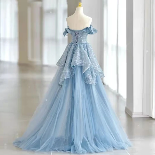 Schöne Himmelblau Pailletten Ballkleider 2022 Off Shoulder A Linie Ärmellos Rückenfreies Lange Ball Festliche Kleider