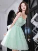 Chic / Beautiful Mint Green Homecoming Appliques Graduation Dresses 2022 A-Line / Princess Spaghetti Straps Sleeveless Backless Bow Floor-Length / Long Formal Dresses