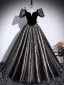 Vintage / Retro Black Glitter Prom Dresses 2025 Ball Gown Square Neckline Puffy Short Sleeve Backless Floor-Length / Long Formal Dresses