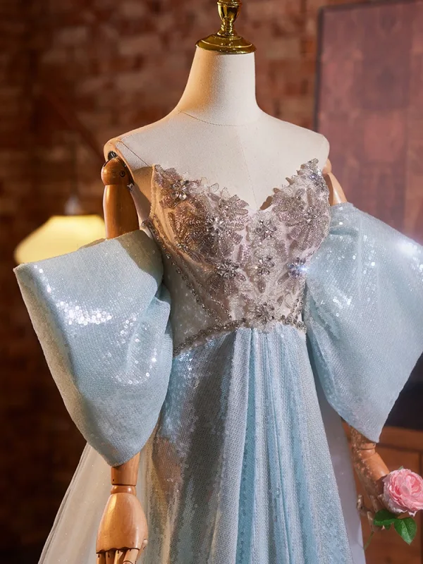 Fashion Sky Blue Beading Sequins Prom Dresses 2024 A-Line / Princess Strapless Short Sleeve Backless Court Train Tulle Prom Formal Dresses