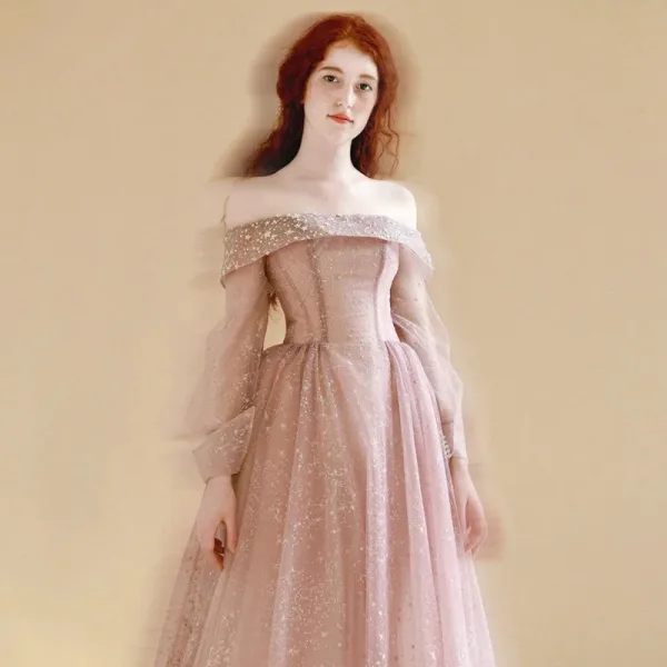 Chic / Belle Rougissant Rose Paillettes Robe De Bal 2025 Princesse De l'épaule Manches Longues Dos Nu Train De Balayage Promo Robe De Ceremonie