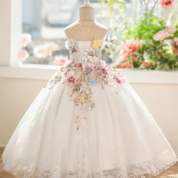 Chic / Beautiful White Beading Pearl Sequins Appliques Birthday Flower Girl Dresses 2025 Ball Gown Scoop Neck Sleeveless Backless Floor-Length / Long