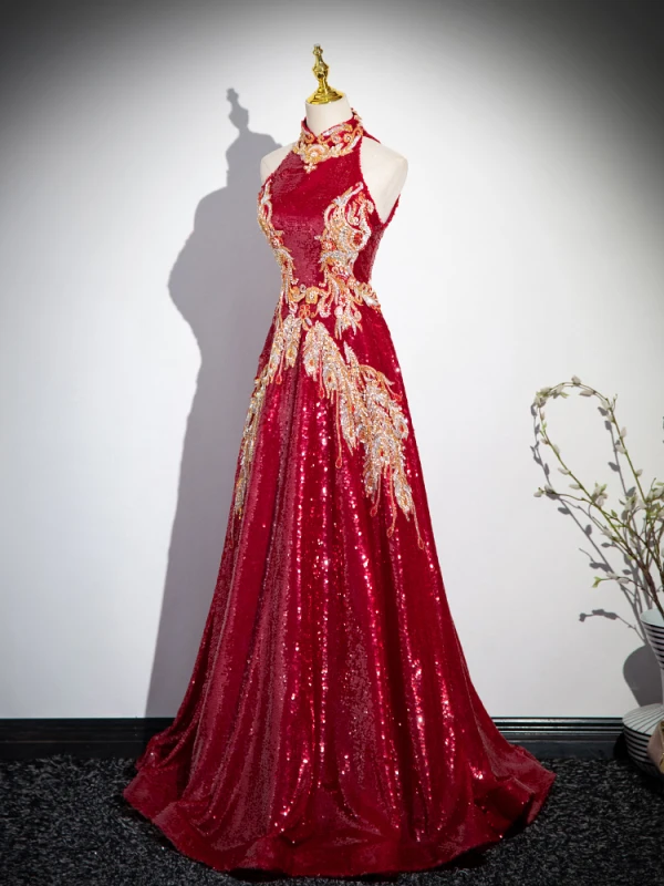 Charming Burgundy Beading Rhinestone Sequins Prom Dresses 2024 A-Line / Princess High Neck Sleeveless Backless Floor-Length / Long Prom Formal Dresses